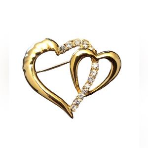 Gold Tone Double Heart Brooch With Clear Rhinestones Vintage